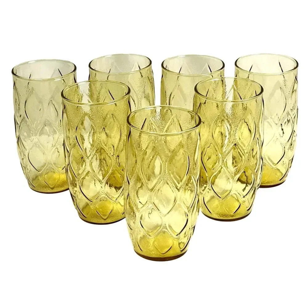 Anchor Hocking MCM Madrid Quilted Amber Yellow Gold Glass Tumblers-Set of 7